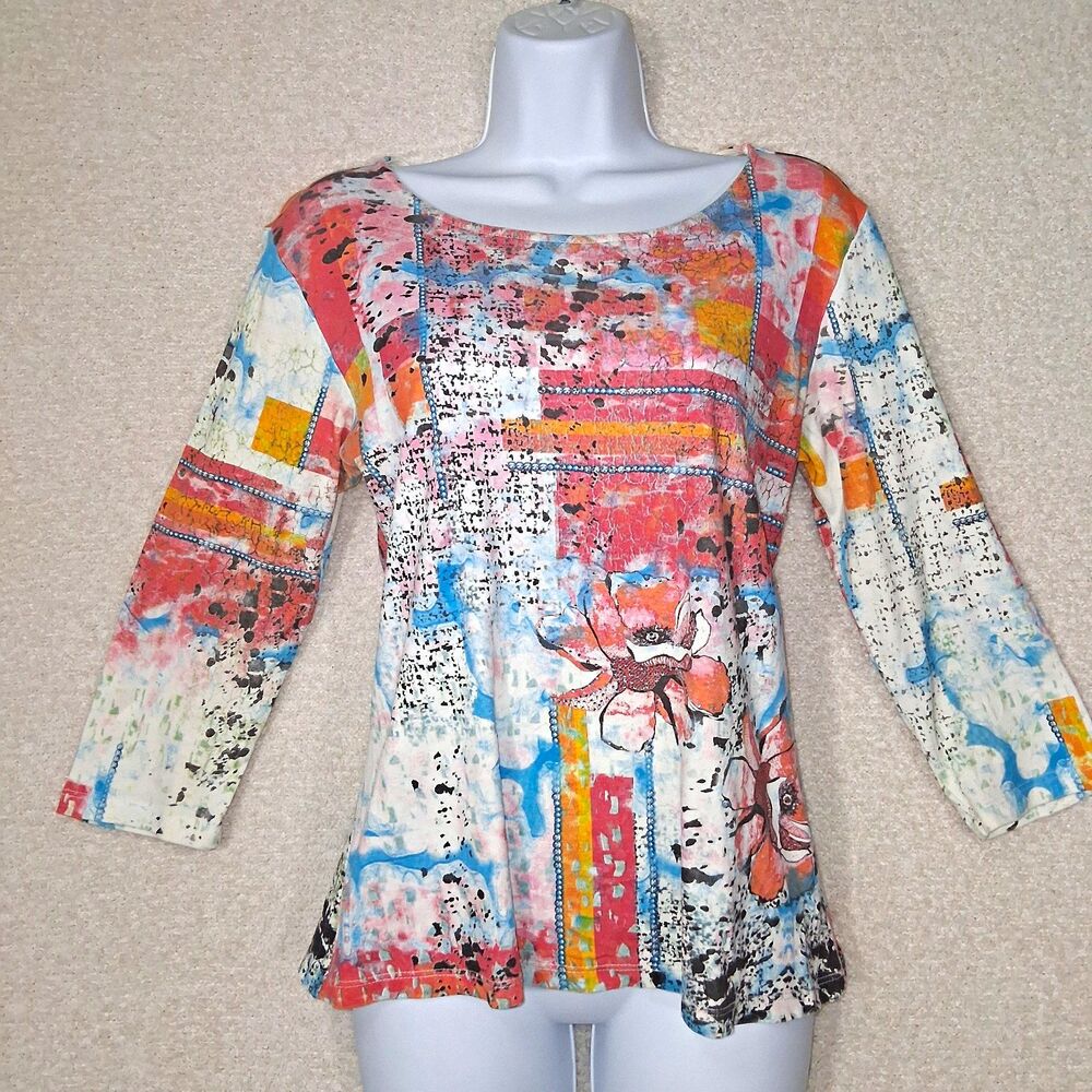 Y2K Katina Marie Abstract 3/4 Sleeve Top Sz M Artsy Rhinestone Eclectic Casual